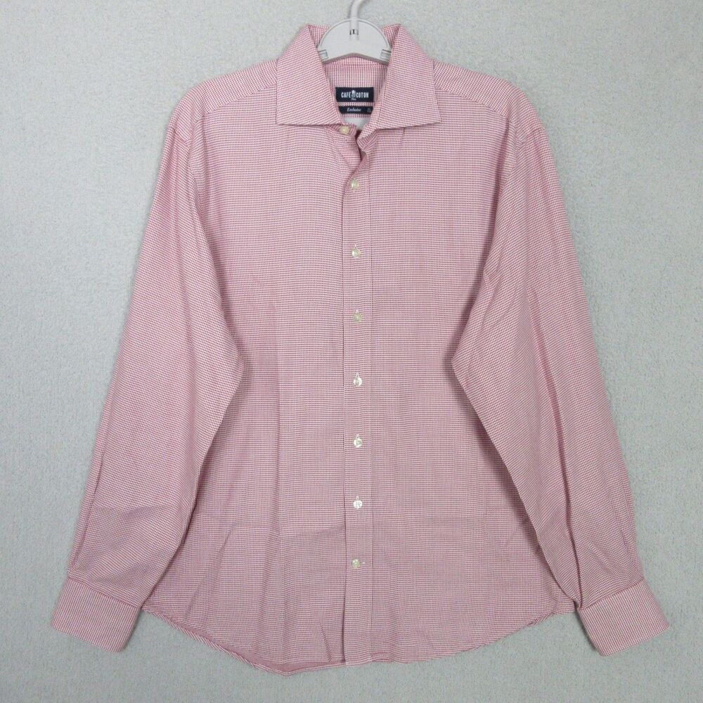 Cafe Coton Dress Shirt Mens 16 Red Microcheck Long Sleeve Button Up